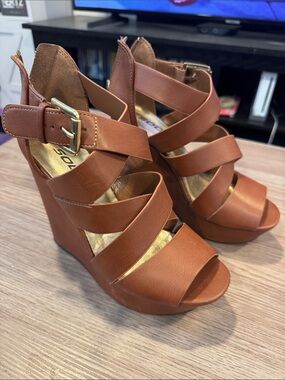 Soda Tan Strappy Platform Wedge Sandals